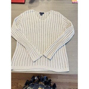 Vtg. AnnTaylor Med. V-Neck Preppy Sweater Open-Knit Mesh-Stitch Pattern Classic